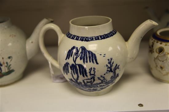 Liverpool pearlware porcelain teapot, late 18th century, (3) one damaged(-)